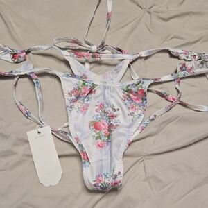 For Love and Lemons White Floral Strappy Bikini Bottom with Pink & Green Accents